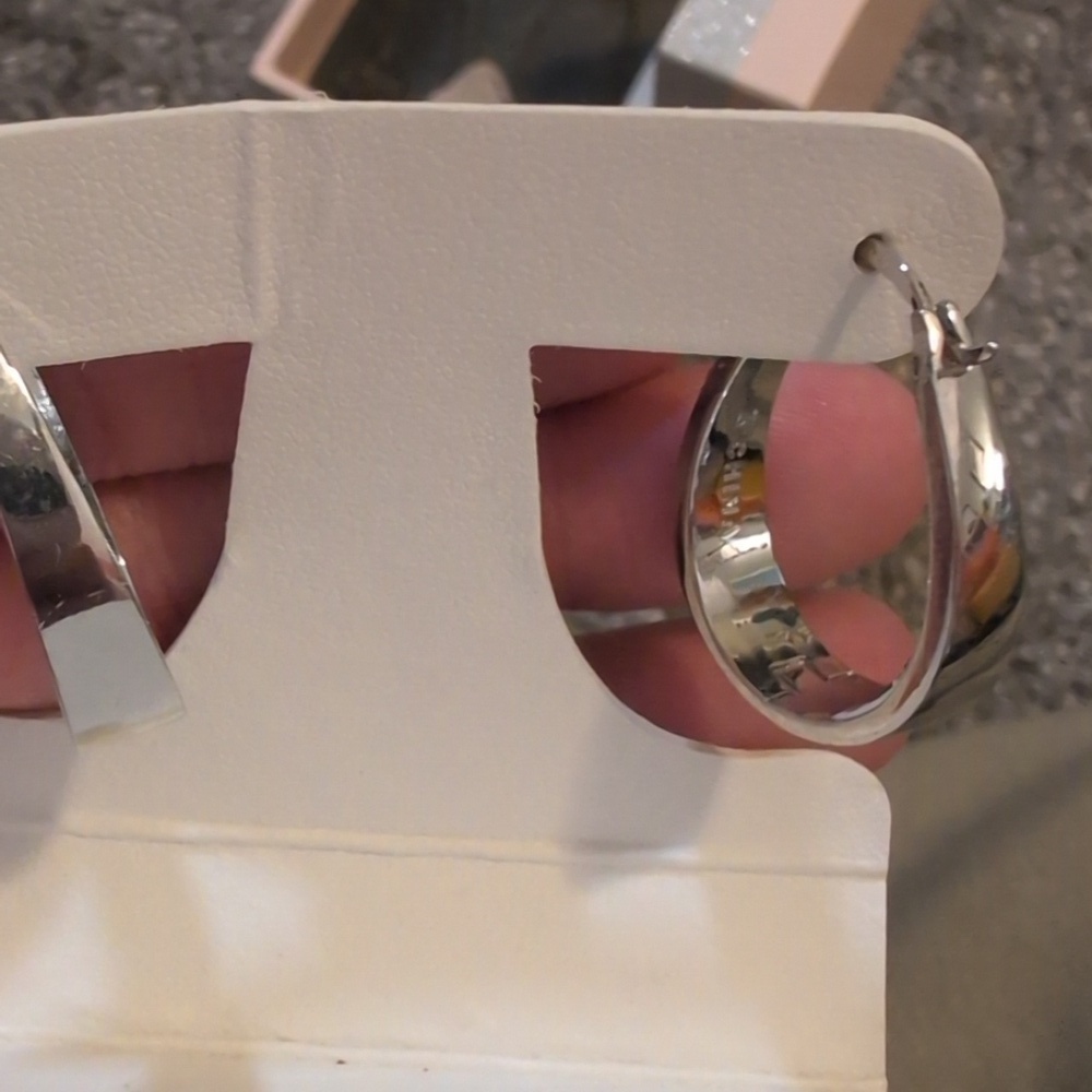 Silver U Shaped Hoop Earrings with Multicolor Crystals - Picture 5 of 7